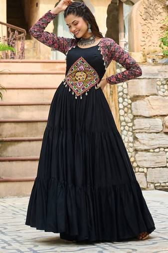 Black navratri special rayon kutchi gamthi embroidered & cotton print work gown Full-Stitched Free Size