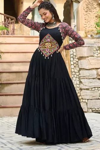 Black navratri special rayon kutchi gamthi embroidered & cotton print work gown Full-Stitched Free Size