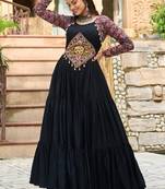 Black navratri special rayon kutchi gamthi embroidered & cotton print work gown Full-Stitched Free Size