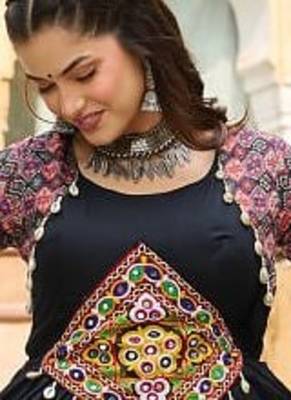 Black navratri special rayon kutchi gamthi embroidered & cotton print work gown Full-Stitched Free Size 2