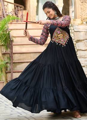 Black navratri special rayon kutchi gamthi embroidered & cotton print work gown Full-Stitched Free Size 3