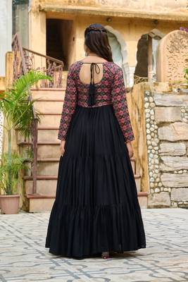 Black navratri special rayon kutchi gamthi embroidered & cotton print work gown Full-Stitched Free Size 4