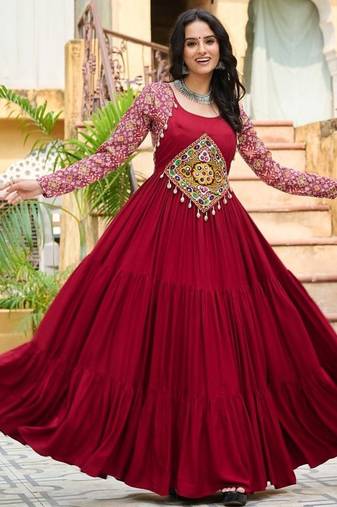 Maroon navratri special rayon kutchi gamthi embroidered & cotton print work gown Full-Stitched Free Size