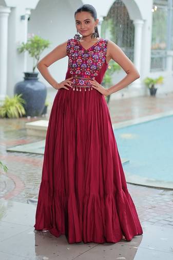 Maroon navratri special rayon kutchi gamthi thread embroidered & mirror work gown