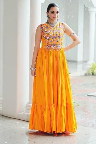 Yellow navratri special rayon kutchi gamthi thread embroidered & mirror work gown Full-Stitched Free Size