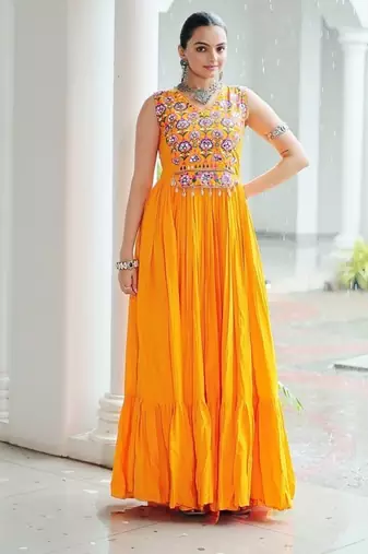 Yellow navratri special rayon kutchi gamthi thread embroidered & mirror work gown Full-Stitched Free Size