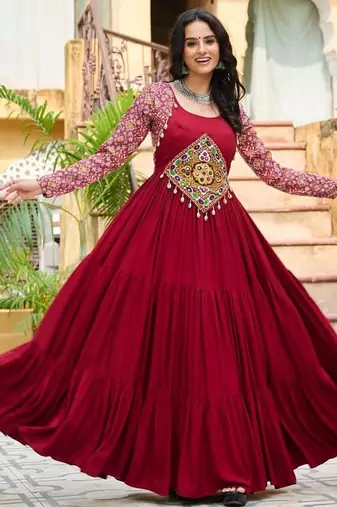 Navy blue navratri special rayon kutchi gamthi thread embroidered & mirror work gown Full-Stitched Free Size
