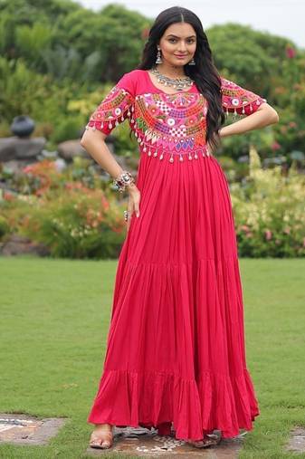Rani pink navratri special rayon kutchi gamthi thread embroidered & mirror work gown Full-Stitched Free Size