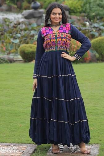 navratri special rayon kutchi gamthi embroidered & mirror hand work gown Full-Stitched Free Size