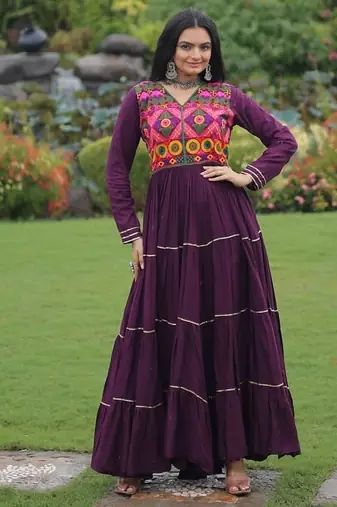 navratri special rayon kutchi gamthi embroidered & mirror hand work gown Full-Stitched Free Size