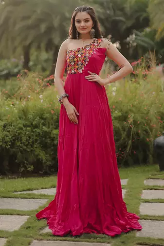 Pink navratri special rayon kutchi gamthi work gown