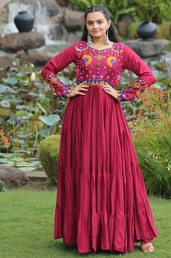 Maroon navratri special rayon kutchi gamthi work gown