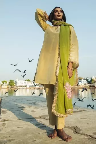 Kaira tissue gold & olive suit set