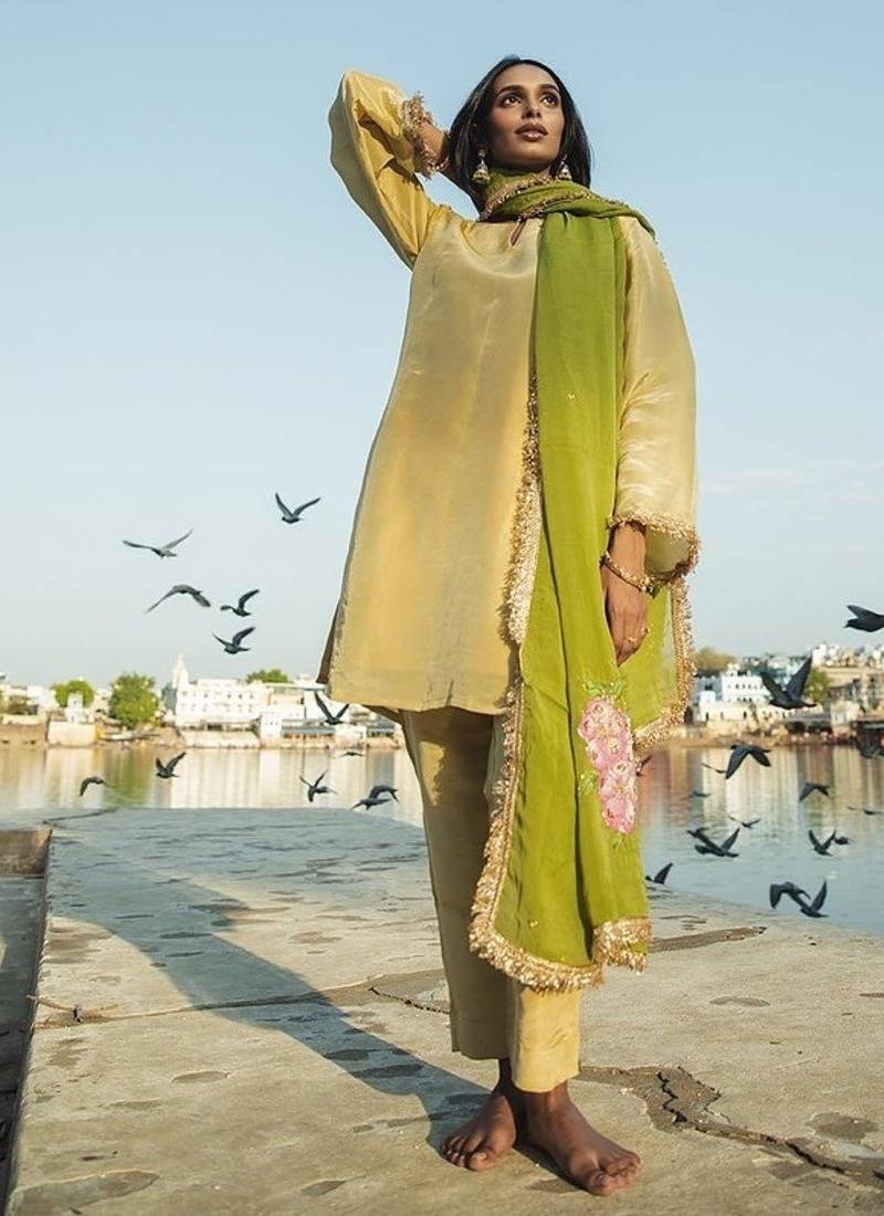 Kaira tissue gold & olive suit set