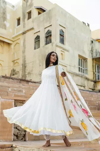 white azmat embellished organza anarkali kurta with dhoti & dupatta