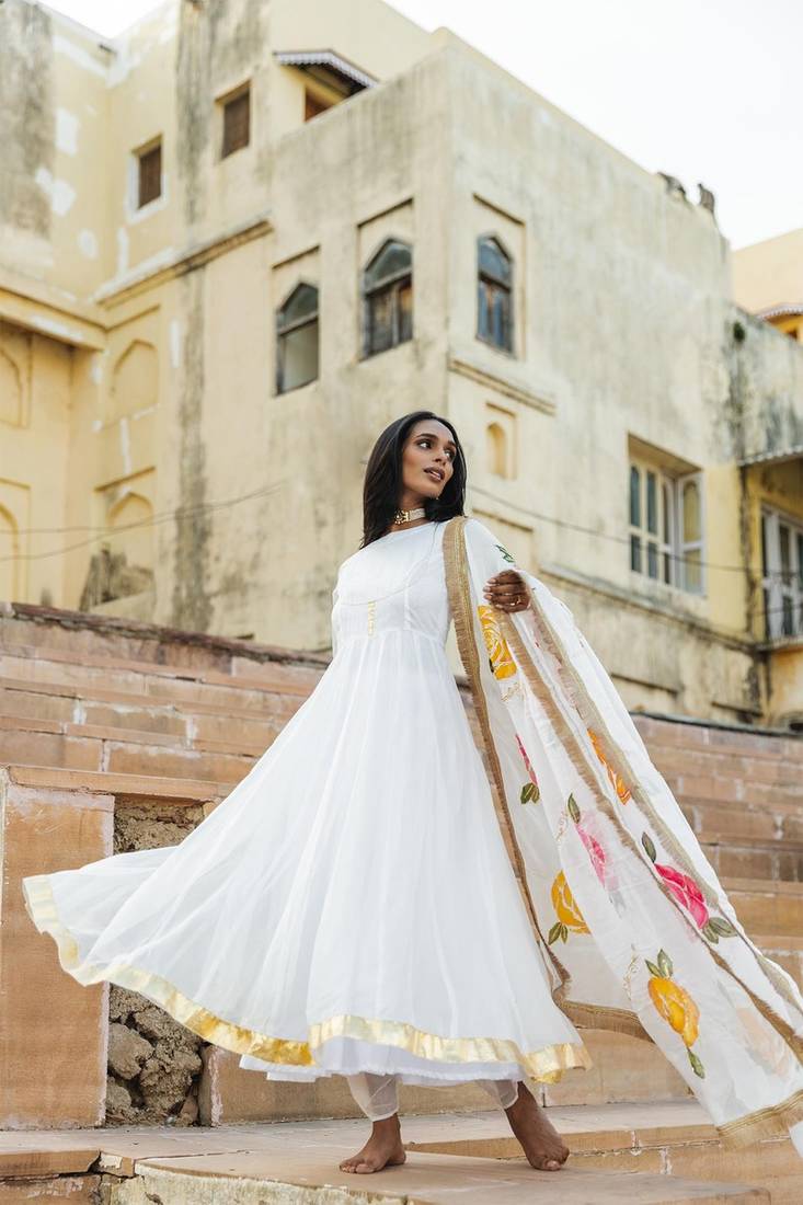 white azmat embellished organza anarkali kurta with dhoti & dupatta