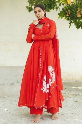 red tara organza anarkali kurta with pant & dupatta