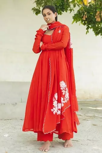 red tara organza anarkali kurta with pant & dupatta