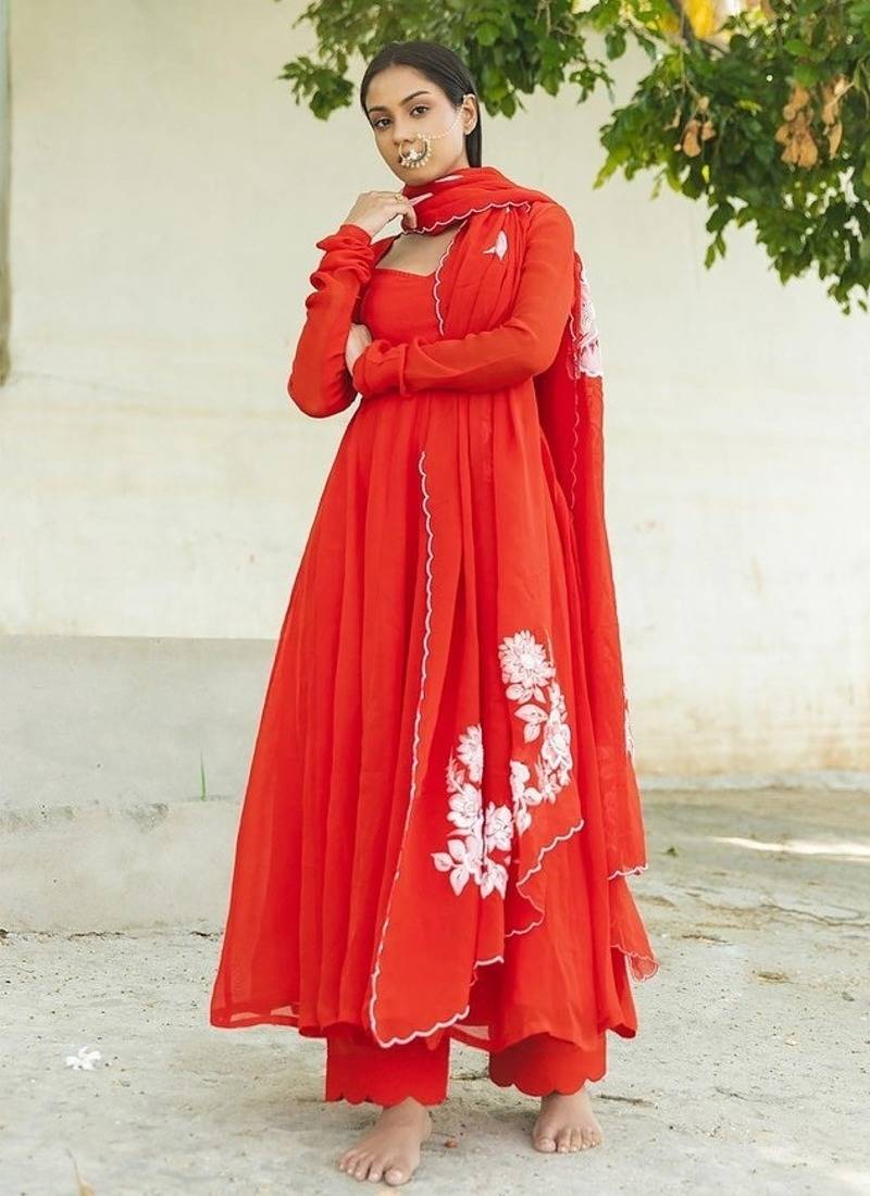 red tara organza anarkali kurta with pant & dupatta