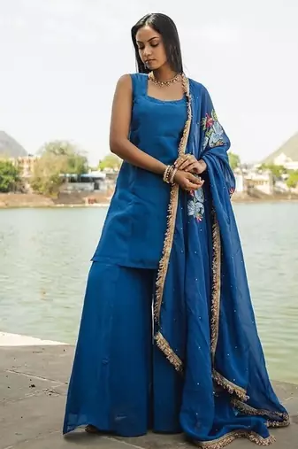 blue rati organza kurta with palazzo & dupatta
