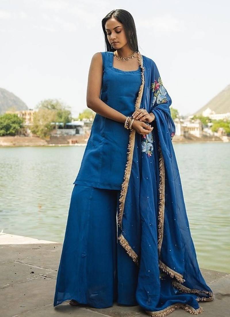 blue rati organza kurta with palazzo & dupatta