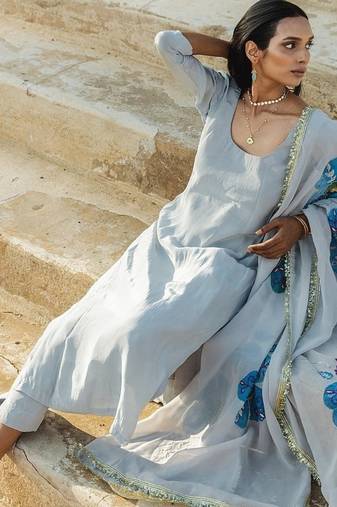 light grey damini crepe kurta with pant & dupatta
