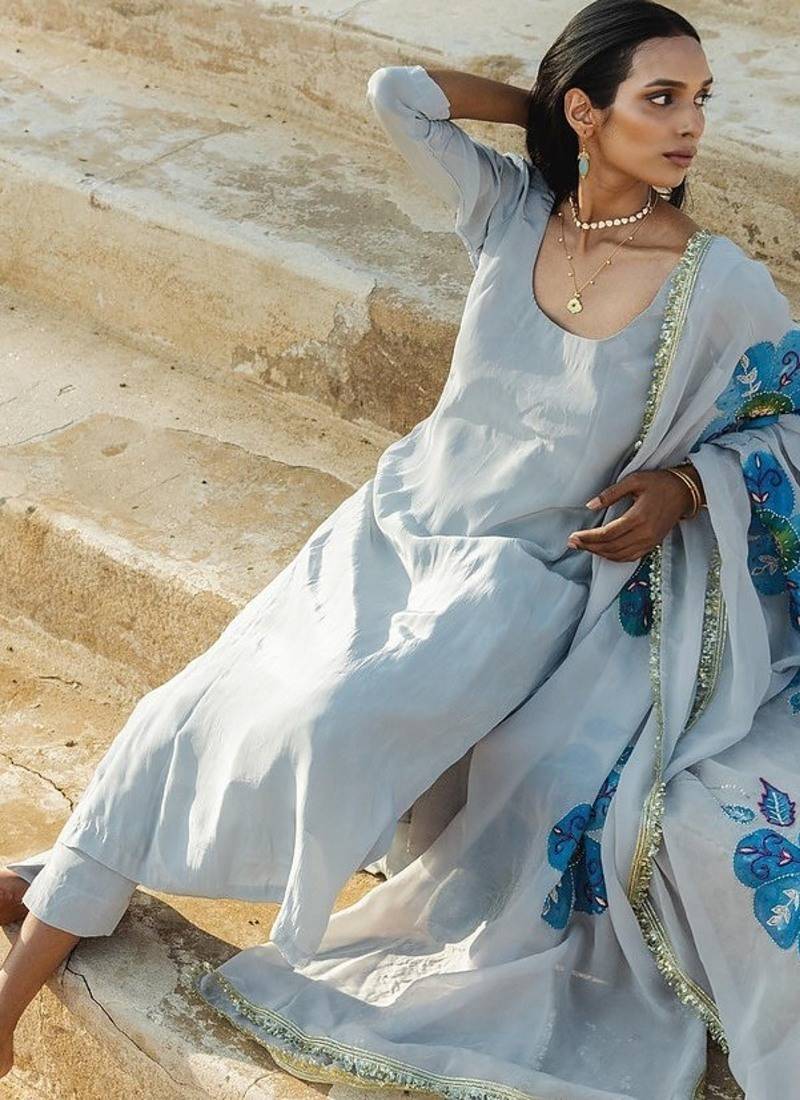 light grey damini crepe kurta with pant & dupatta