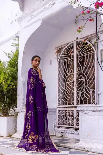 purple ujjwala crepe & organza anarkali kurta with pant & dupatta 