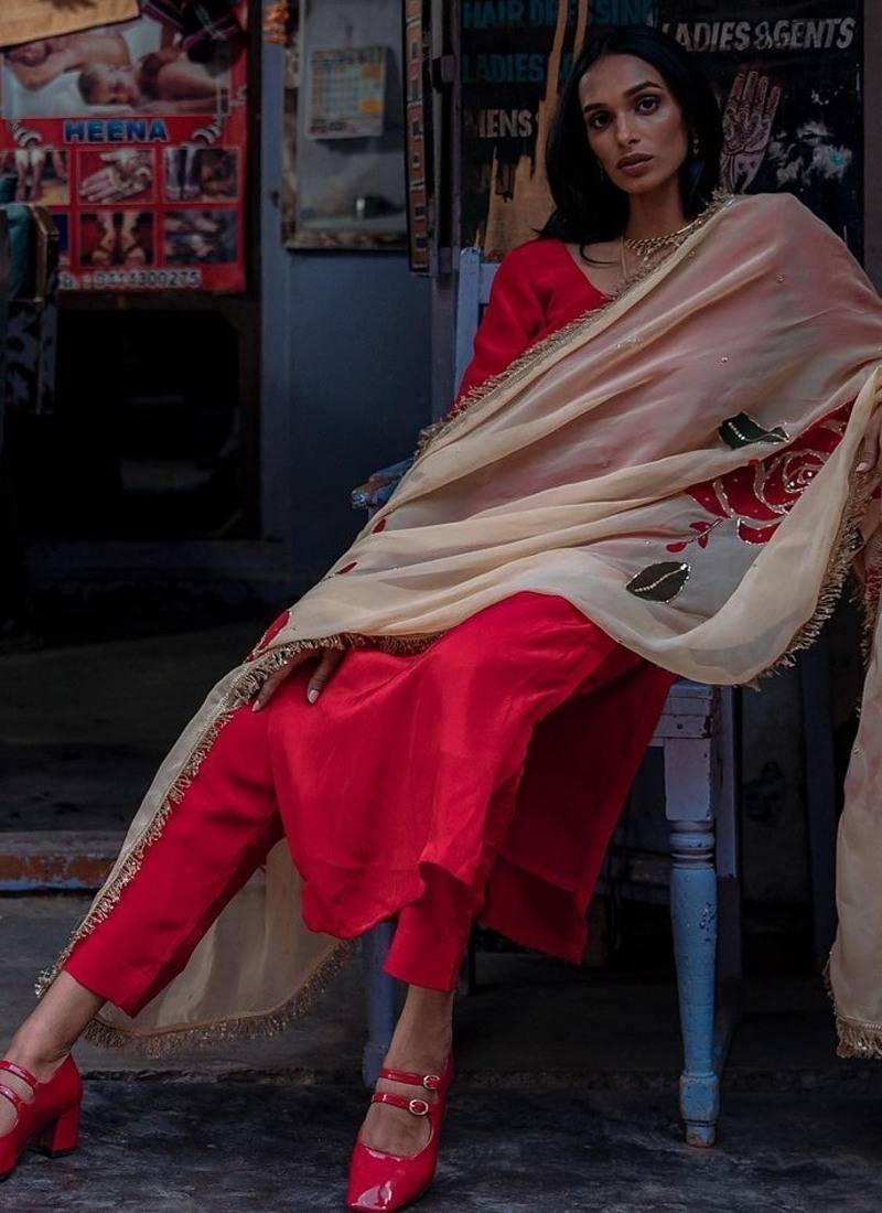 Red rudrani crepe organza kurta with pant & dupatta
