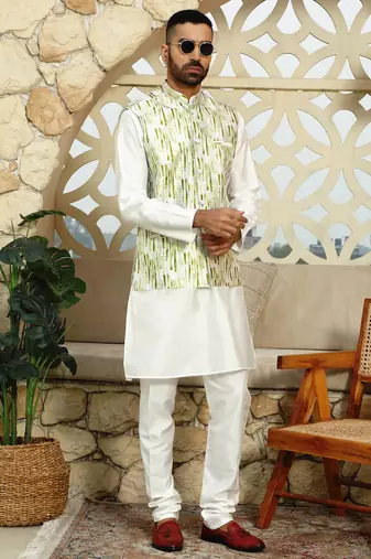 Silk blend tie-dye printed green nehru jacket
