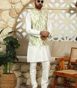 Silk blend tie-dye printed green nehru jacket