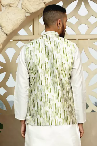 Silk blend tie-dye printed green nehru jacket