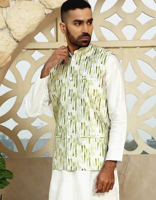Silk blend tie-dye printed green nehru jacket 4