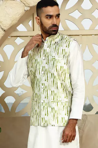 Silk blend tie-dye printed green nehru jacket