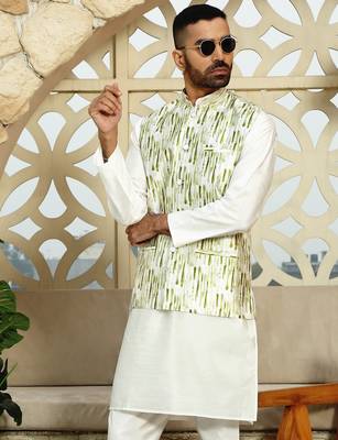 Silk blend tie-dye printed green nehru jacket 5