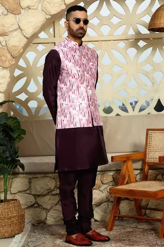 Silk blend tie-dye printed pink nehru jacket