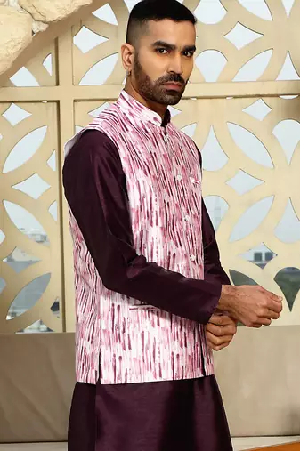 Silk blend tie-dye printed pink nehru jacket