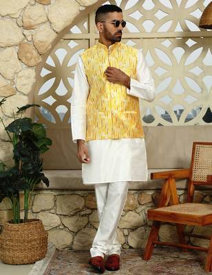 Silk blend tie-dye printed yellow nehru jacket 1