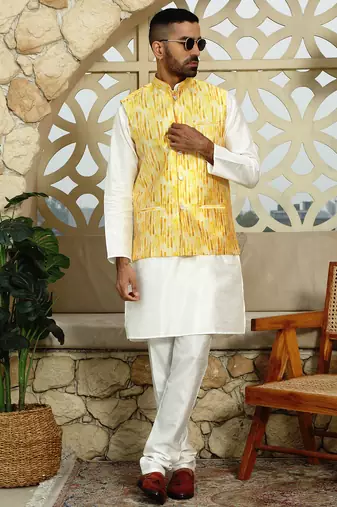 Silk blend tie-dye printed yellow nehru jacket