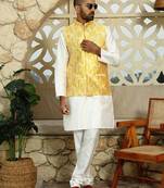 Silk blend tie-dye printed yellow nehru jacket