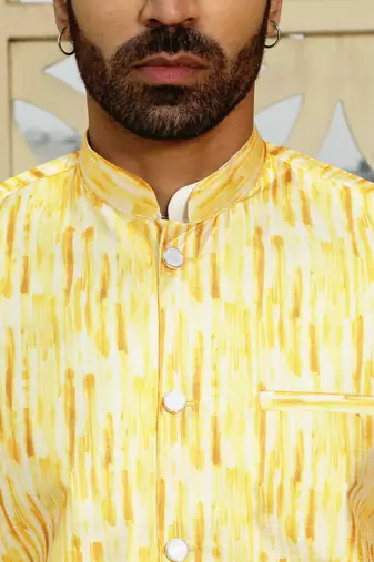 Silk blend tie-dye printed yellow nehru jacket