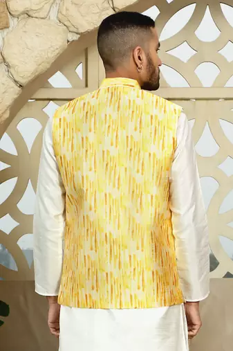 Silk blend tie-dye printed yellow nehru jacket