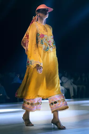 Yellow embroidered organza kurta with pant