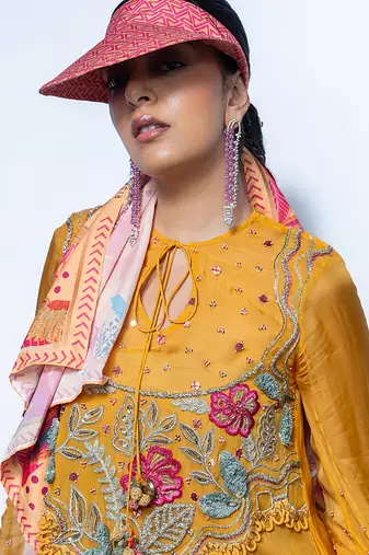 Yellow embroidered organza kurta with pant