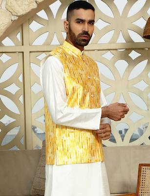 Silk blend tie-dye printed yellow nehru jacket 4