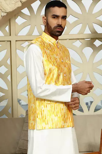 Silk blend tie-dye printed yellow nehru jacket
