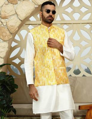 Silk blend tie-dye printed yellow nehru jacket 5