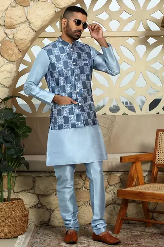 Silk blend geometric printed blue nehru jacket