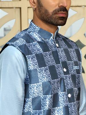 Silk blend geometric printed blue nehru jacket 2