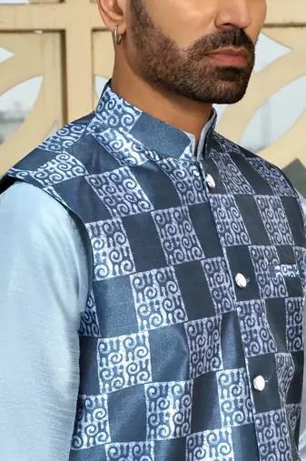 Silk blend geometric printed blue nehru jacket